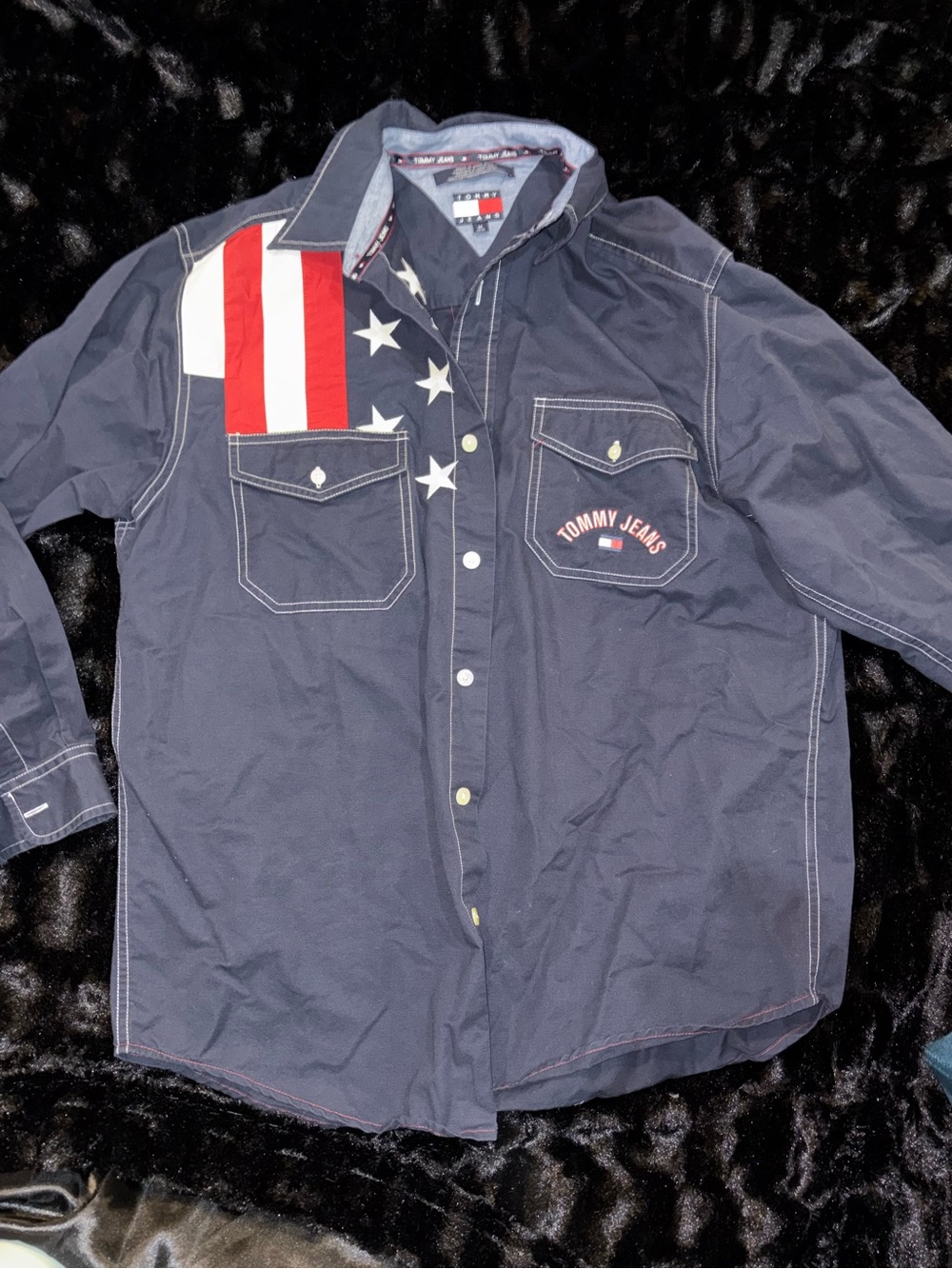 Vintage Tommy Hilfiger Navy Button-Down Shirt with Red, White & Blue Flag Detail